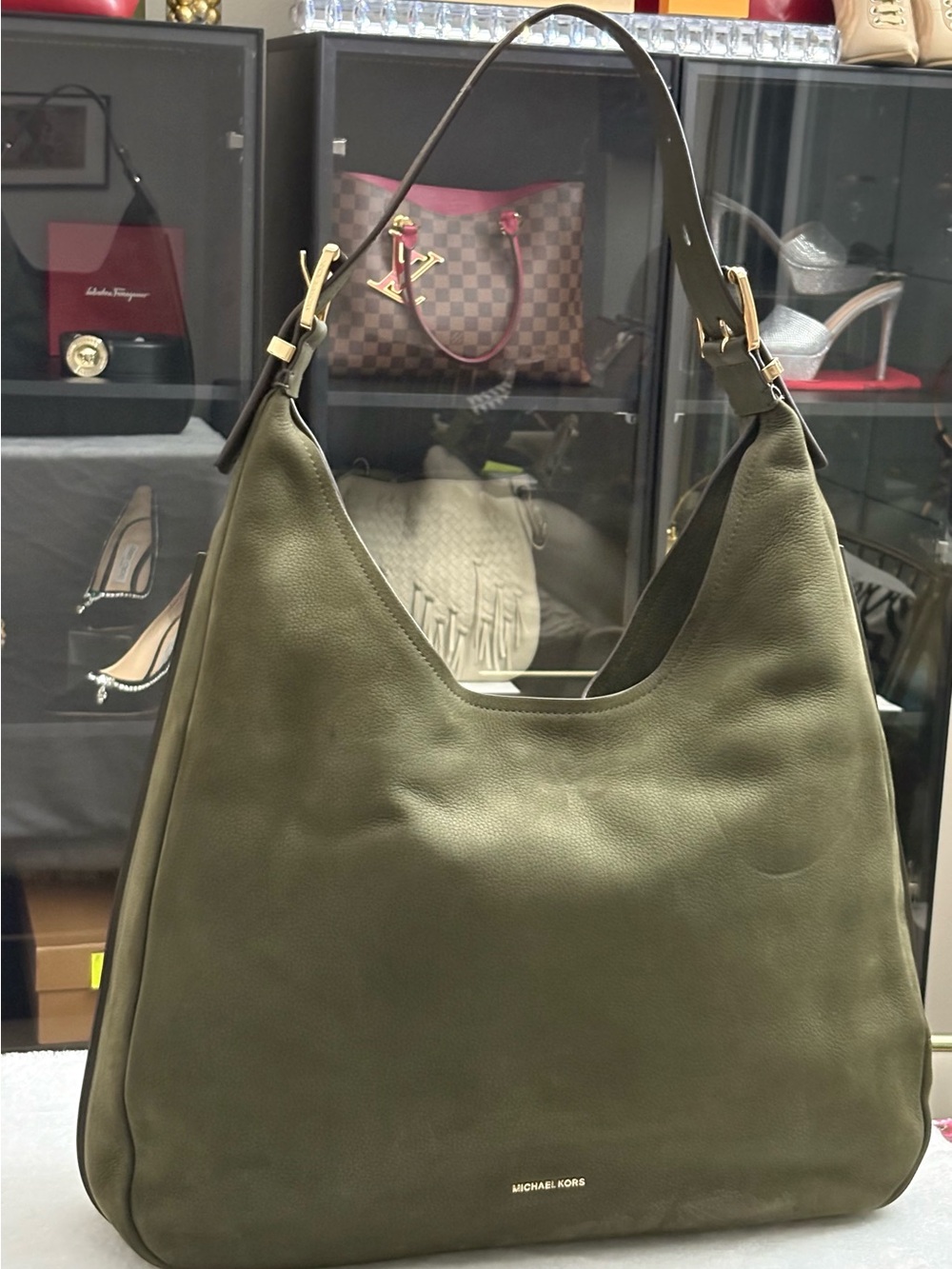 MICHAEL MICHAEL KORS Nolita Large Nubuck Hobo Shoulder Bag – Olive